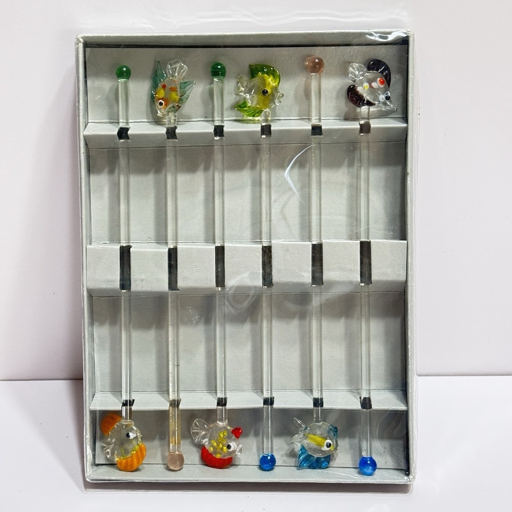 Fish Ocean WORLD MARKET glass stir sticks set of 6 Beach Vacation Fun Whimsical - Picture 8 of 9